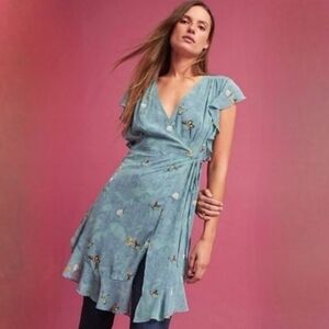 Anthropologie Feather Bone Sheer Butterfly Wrap Dress L